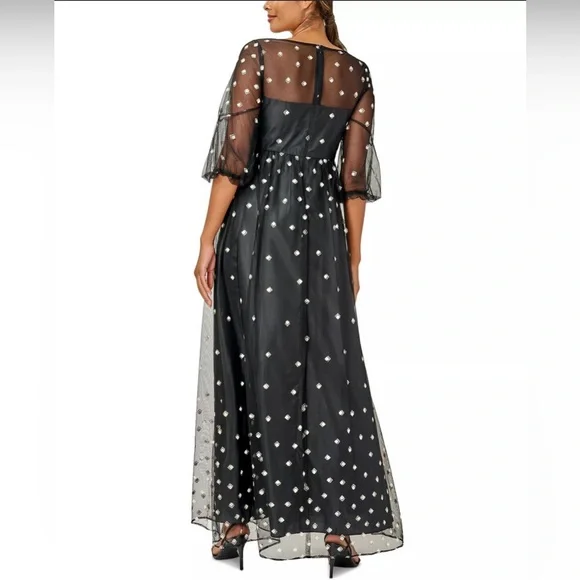 NWT, Adrianna Papell "Glitter Tulle Long Dress" in Black w/ Puff Sleeve, Size 8 - Picture 8 of 12